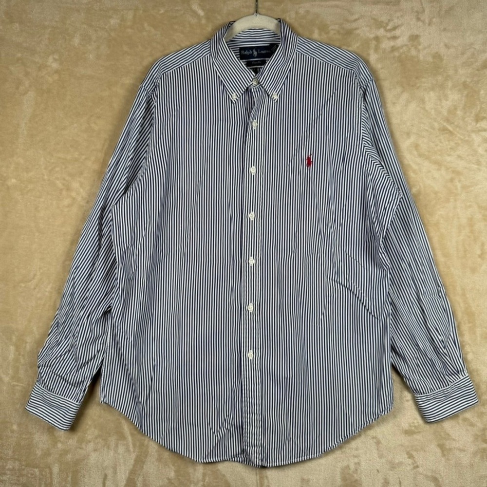 Polo Ralph Lauren Mens Large Classic Fit Striped Button Down Shirt Navy White